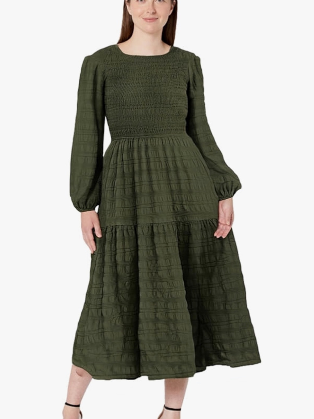BloomChic Olive Smocked Bodice Bishop Sleeve Midi Dress